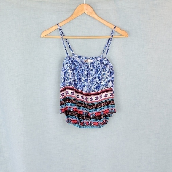 Mimi Chica Blue Patterned Ruffle Crop Top medium - Picture 1 of 3